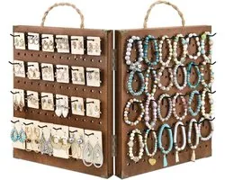 Houten Opvouwbare en Draagbare 2-Panel Pegboard Sieraden Display Organizer met 48 Verwijderbare Haken