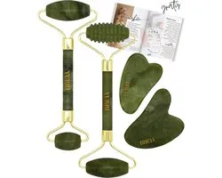 YUBBI Jade Gua Sha Set - Donker Groene Jade Gezichtsroller - Schraper - Gezichtsverzorging - 4 Stuks - Inclusief Instructies