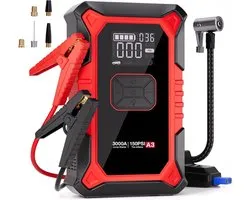 Jumpstarter 3000A Supersafe Draagbare Lithiumbatterij Autostarter met Luchtcompressor, Acculader, Powerbank en Intelligente Startkabel voor Alle Benzinemotoren of 9.0L Dieselmotoren 6.5L