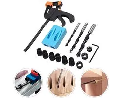 Pocket Hole Jig – 15 Delig Kit – Dubbele Zakgat Mal – 15 Graden Hoek – Aluminiumlegering en Koolstofstaal – Met 6/8/10mm Adapters – Voor Houtbewerking – 15 Delen