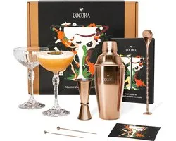 Cocora Martini Geschenkset - 8-delige RVS Cocktail Set - Cocktailshaker - Martini Coupe Glazen - Cocktail Boek met o.a. Pornstar, Espresso Martini recept - Rosé Goud