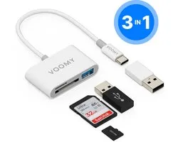 Lecteur de carte SD Voomy - 3 en 1 - Lecteur de carte SD / Micro SD / TF - USB A 3.0 - Cardreader Wit - Convient pour Macbook Pro / Air / Windows / Universel - Comprend un convertisseur USB