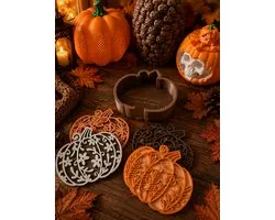 3D-geprinte Pompoen Onderzetters Set – 4 stuks + Houder | Herfst Decoratie