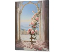 Romantic Pink Flowers Wall Art Canvas Poster Sweet European Castle View Wall Decor Poster Dormitory Decor Painting