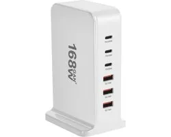 DrPhone GaNForce - 168W - 6 Poort Laadstation – Desktop Oplader - 1x PD 100W USB-C – 1x 30W+20W Type-C USB + 3x USB 18W - GaN3 technologie - Wit
