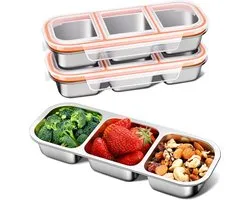Snackbox Roestvrij Staal - 3 Stuks - 600 Ml - Rvs Broodtrommel - Waterdicht - Snackbox Met 3 Vakken - Duurzaam - Ruitbakje School - Snackbox Kinderen - Kindvriendelijk - Geschikt Voor Fruit, Noten of Kleine Maaltijden