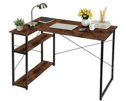 PIPIPOXER Bureau-Retro Schrijftafel - Computerbureau met 2 planken- Bureautafel van hout en metaal - Industrieel design - met opbergvak - 120 x 70 x 75 cm-Verbrande houtkleur