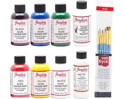 Angelus Leather Paint Set Large - 6 Couleurs 118ml, pré et post-traitement et pinceaux (acrylique extra flexible)