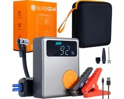 12V Jumpstarter met Compressor 4-1 - Noodverlichting - Elektrische Fietspomp - Jumpstarter voor Auto - Compressor Bandenpomp - Noodpakket Oorlog - Starthulp voor Auto's - Silvergear