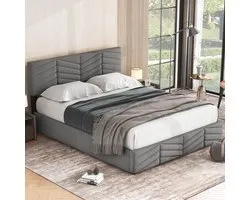 Sweiko Stoffering Bed, Dubbel Bed, Hydraulisch Functioneel Bed, Fluweel, Stripe Style, Continental Bed, Hoogte Verstelbaar Hoofdbord, 140 x 200, Grijs