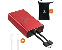 JIR Tech® - Powerbank 10 000 mAh - Charge rapide - 2 Câbles USB-C et Lightning intégrés - 1 port USB et 1 port USB-C - Indicateur LED - Compact, puissant et léger - Kit d'urgence - Pour iPhone, Samsung et Tablettes
