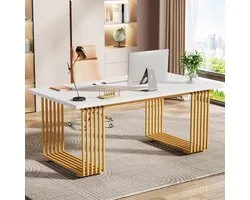 TRIBESIGNS - Computertafel - Bureau voor Thuiskantoor - Met Gouden Poten - Modern - Goud en Wit - 180 x 79 x 79 cm