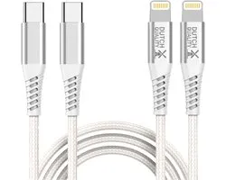Dutch Quality® 2x 1 meter stevige nylon oplaadkabel geschikt voor Apple iPhone 14/13/12/10/9/8/7/6 - USB-C 2 Meter - USB-C naar Lightning Laadkabel - Wit – Premium Oplaadset - Oplader kabel (2-pack)
