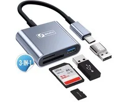 Smath® SD Kaart Lezer 3 in 1 - Micro SD en TF Card Reader - Geheugenkaartlezer USB C - Inclusief USB C naar USB A Converter - Geschikt voor Macbook Air en Pro - Windows - Universeel - Aluminium