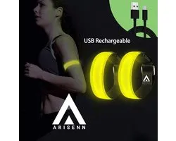 Arisenn® OPLAADBAAR LED LIGHTNING BAND GEEL|3 standen | Reflecterende Hardloop Verlichting - Hardloop | Running Safety Led Light/ Reflecterende armband led/ veiligheidsverlichting/ Hardloop verlichting/ USB OPLAADBAAR / Sportarmbanden / Per 2 stuks