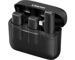 Ulanzi J12 Draadloze smartphone microfoon - Apple Lightning - 2 stuks - Lavalier met oplaadbox - Voor o.a. iPhone 14, 13, 12, 11 - Microfoon voor telefoon / tablet - Plug & Play - Zwart