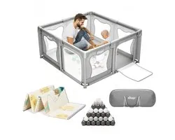 Elissio® - Parc Bébé – Inclus Tapis de Jeu Double Face – Parc Bébé avec 50x Balles de Jeu - Parc Enfant - Playpen - 120x120 CM - Gris