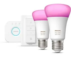 Philips Hue Starterspakket E27 Lichtbron met Bridge en Dimmer Switch - White and Color Ambiance - 2 x 9W - Bluetooth