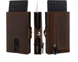 KHYR® Pasjeshouder - Aoraki Brown - Premium Crazy Horse Leer - Uitschuifbaar - RFID bescherming - Muntgeld Ritsvak - Heren Portemonnee - Kaarthouder voor 7 Pasjes - Creditcardhouder voor Pasjes, Briefgeld en Munten - Mannen - Bruin