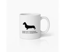 Tasse à café Teckel 330 ml – « Corps d'une saucisse, écorce d'un doberman » – Cadeau pour les amoureux des teckels et les propriétaires d'animaux