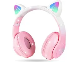 SnelShoppen - Bluetooth Hoofdtelefoon voor Kinderen met LED Kat Oren, Draadloze & Bedrade HD Stereo Geluid, 10U Speeltijd, Opvouwbaar voor PC, Telefoo