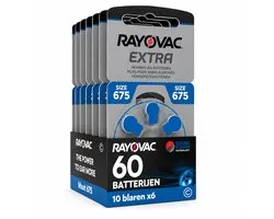 60 hoortoestelbatterijen Rayovac 675, 10 Plaquettes