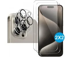 9H Tempered Glass Screen Protector (2-Pack) + Camera Lens Protector Glas (2-Pack) Geschikt voor Apple iPhone 15 Pro | Case Friendly | Ultra Clear | Gemakkelijke installatie