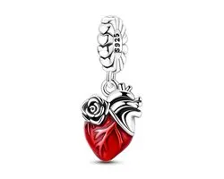 Hart Bedel Voor Armband, Heart Charm For Pandora Bracelet - Rose Charm For Bracelet - 925 Sterling Silver