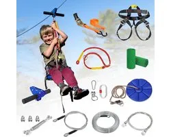 Kit de tyrolienne pour enfants - Ensemble de jeu Zipline - Jeu d'extérieur - Avec frein à ressort - 47 mètres - Bleu
