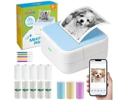 TinyPlay Mini Imprimante 300 DPI - Imprimante de poche - 13 rouleaux de papier couleur, autocollant et blanc - Imprimante photo mobile - pour Smartphone - Imprimante thermique portable - Mini-imprimante thermique
