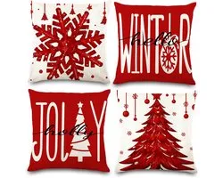 DIYDEC 4 Pcs Christmas Pillow Cases 18x18 Inch Winter Throw Pillow Covers Red Christmas Tree Snowflake Pillow Cases Hi - ShopVlot