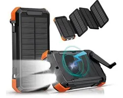 Tech Essentials Solar Powerbank 26 800 mAh - USB-C - Énergie Solaire - Avec Lampe Torche - Panneaux Solaires Pliables - Manivelle Rechargeable - Grande - Noir Orange