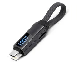 De Beste Gadgets data en Oplaadkabel 2 in 1 - Geschikt voor USB-C en Apple Lightning - Met display en sleutelring - Compact 16 cm - Grijs