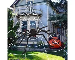Toile d'araignée de 500 cm pour décoration d'Halloween avec grandes fausses araignées de 15 cm - Décoration d'Halloween pour extérieur / intérieur - Pour jardin, maison, soirées costumées, décoration de maison hantée - SOLLBRY®