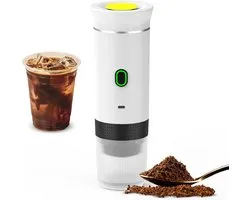 Machine à café sans fil blanche pour voiture, maison et voyage, machine à café électrique 3-en-1, convient aux capsules ou au café moulu, mini-machine à café (15 bars) pour infusion à froid et préparation de café chaud, tasse d'une capacité de 15 ml.