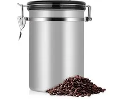 Koffiecontainer vacuüm seal - Grote luchtdichte roestvrijstalen koffiecontainer - Roestvrij staal - Voor hele koffiebonen, gemalen koffie, theeblaadjes, noten, granen, bloem, suiker en meer - Zilver - 1,8L