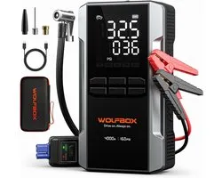 WOLFBOX 4000A Démarreur de secours avec compresseur d'air 160PSI, booster de batterie de voiture 12V, charge rapide 65W, pompe à pneu portable 24000mAh, écran LED pour moteurs essence 10L et diesel 10L, lumière LED, câbles de démarrage