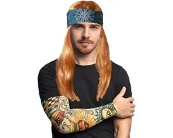 Boland Carnaval Verkleed set Rocker/biker - Heren - pruik met haarband in het bruin en arm sleeves met tatoeages