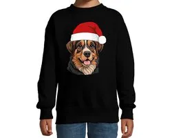 Bellatio Decorations Pull de Noël / pull chien - enfant - Bouvier Berner - noir - Bonnet de Père Noël - Noël 170/176