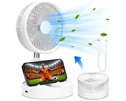 Ventilateur de table avec support de téléphone - Rechargeable USB-C - 3 vitesses - Pliable et sans fil - Mini ventilateur sur pied - Petit rafraîchisseur d'air - Climatiseur mobile - 16,5 x 16,5 x 8 cm - Blanc - Silvergear