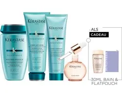 Kérastase Résistance & Gloss Absolu Routine + 2 Cadeau's - Herstellende Shampoo 250ml, Conditioner 200ml, Hittebeschermende verzorging 150ml & Anti-frizz Glaze Drops Haarolie 45ml + Shampoo 30ml & Flatpouch Cadeau - Voor Beschadigd en Pluizig Haar