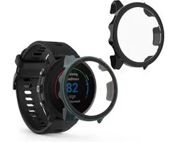 Housse kwmobile 2x compatible avec Garmin Forerunner 955 Solar - Housse de tracker de fitness en verre trempé et cadre en plastique noir / vert foncé