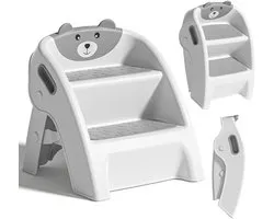 Opvouwbaar kinderopstapje met 2 treden en handgrepen - antislip PP en TPE - compact inklapbaar toilet- en wastafelkrukje - grijs - vanaf 1 jaar