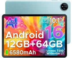 DOOGEE TAB A9 - Tablet - Android 16 - 12GB RAM + 64GB ROM（2TB/TF） - 10 Inch - 6580 mAh - 5G WiFi - Tablet Unisoc T310 - Dubbele Luidspreker - 3,5 mm aansluiting - Face ID - Blauw