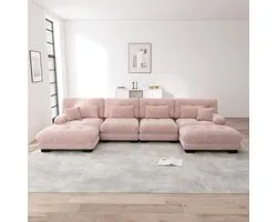 Canapé d'angle modulable, ensemble de canapés en U pour le salon, canapés nuage confortables 4 places avec pouf mobile, combinaison DIY, chenille, rose