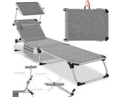 tectake® Ligbed met Zonnedak – Inklapbare Ligstoel met 6 Verstelbare Standen – Zonnebed met Hoofdkussen en Zijvak – Aluminium Frame – Draagvermogen 120 kg – Grijs