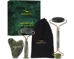 Sensage Jade roller met Gua Sha steen - Massage - 100% natuurlijk groene jade - Gezichtsroller - Face roller - Roller - Gezichtsmassage - 4-delige Beauty set