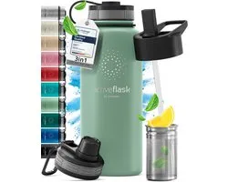 bemaxx Drinkfles RVS Thermosfles ACTIVE FLASK + Strohalm (3 Drinkdoppen), BPA-Vrij + Lekvrij | 1 Liter/500 ml Isoleerfles, Vacuüm Waterfles Sport Fitness Fietsen Water Fles Kinderen Waterbidon Sportbidon - 950ml, Sage