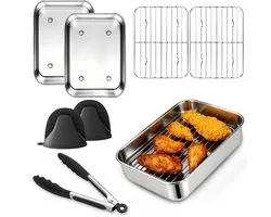 Airfryer Accessoires voor Ninja Dual Zone & FlexDrawer - 6-delige Airfryer Set voor AF400EU AF451EU AF500EU - Met 2 Bakvormen, 2 Grillroosters, Siliconen Tang en Handschoenen - RVS 304