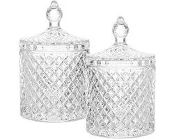 2 Piece Crystal Glass Candy Jar - 300ml Organizer Jar with Lid - Diamond Faceted Storage Jars
